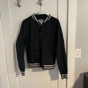 Black Bomber Jacket with Striped Trim